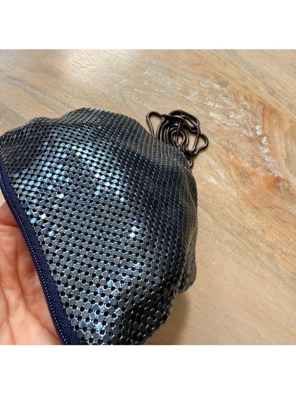 Whiting & Davis Denim Navy Blue Mesh Crossbody Bag